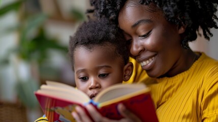 Fototapeta premium A young black mother and her child are engaged in a heartwarming reading experience.