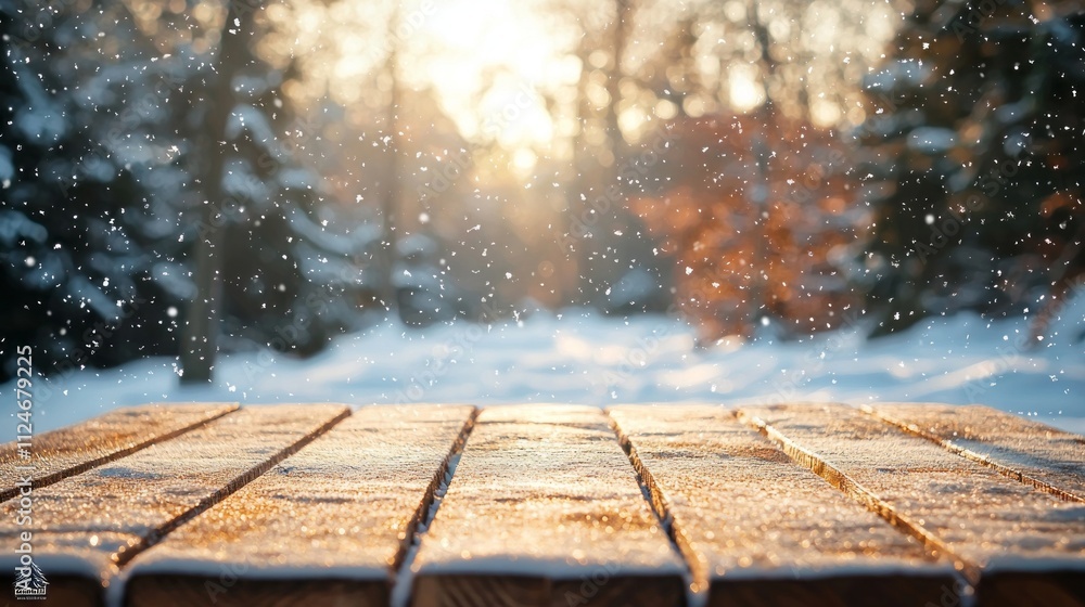 Poster golden rays of sunlight illuminate a rustic wooden table covered in snowflakes, set against a serene