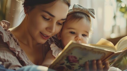 A woman and a child are engrossed in reading a book together sitting comfortably on a couch or bed.