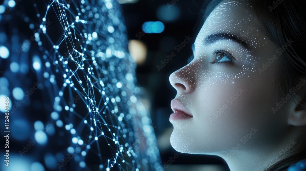 Poster close-up view of a virtual character's face and neck, showcasing glowing digital data in a dark sett