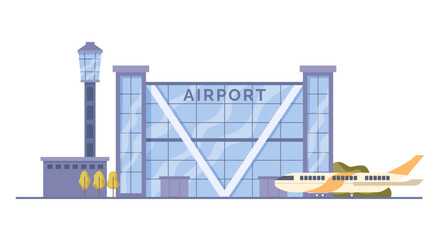 Exterior of airport building with windows, modern design, and observation tower. Vector flat cartoon, isolated terminal for traveling passengers. Takeoff path with aircraft ready for departure