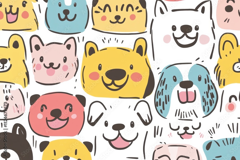 Poster an engaging doodle pattern showcasing various cheerful dog faces with bright colors, offering ample 