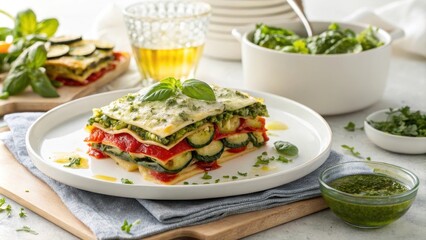 Vibrant Vegetable Lasagna Served on a Plate with Greens