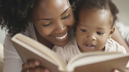 A woman and a child are engaged in a reading activity with the woman holding an open book and the child sitting on her lap.