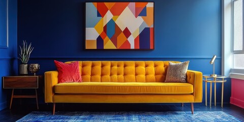 Bright yellow sofa adds warmth to modern living room with vibrant art and blue walls