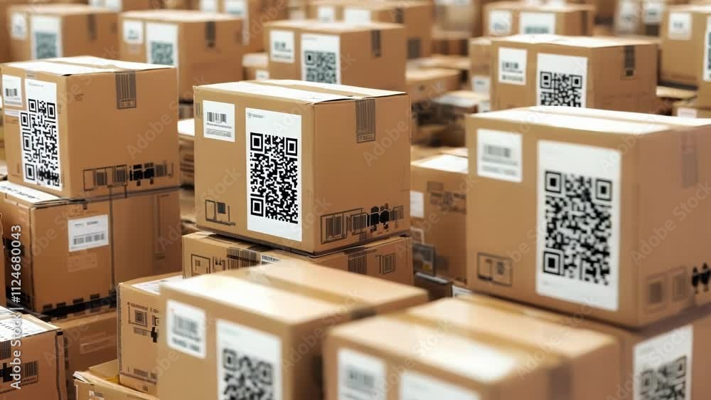 Poster cardboard boxes stacked in a warehouse feature scannable qr codes, highlighting the role of technolo