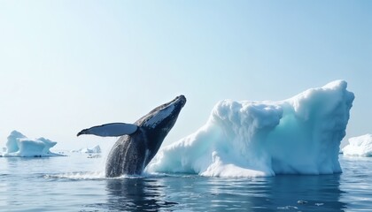 Fototapeta premium Humpback whale joyful breaching near icebergs in serene ocean background