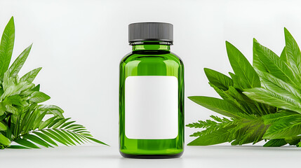 A green glass bottle surrounded by lush green leaves, ideal for showcasing natural or herbal products.
