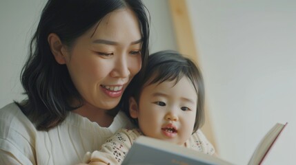 A heartwarming scene Of a young Asian woman reading to a baby conveying a sense Of love and learning.