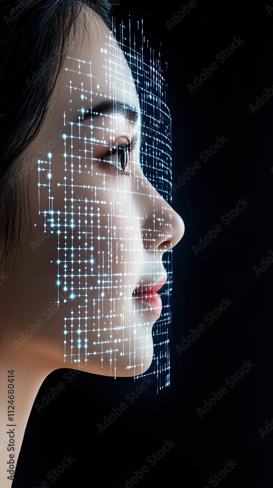 Poster close-up view of a virtual character's face and neck, showcasing glowing digital data in a dark sett