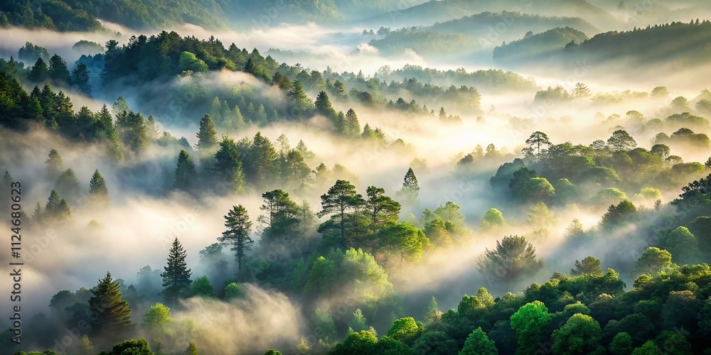 Aufkleber aerial view of lush trees wrapped in mist creating a serene and mystical atmosphere perfect for natu