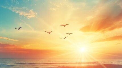 Obraz premium Majestic Sunset Ocean Sunrise Birds Flying Golden Hour Sky