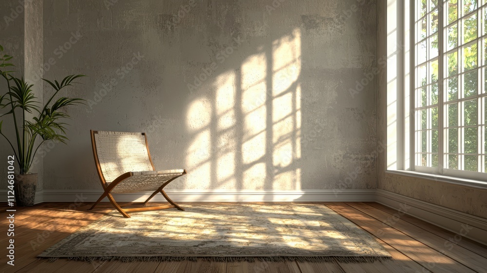 Poster tranquil empty room with a single chair and soft sunlight streaming through large windows
