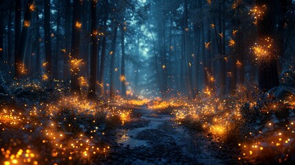 Enchanted firefly dance mystical forest nature scene ethereal environment ground view magic of nature