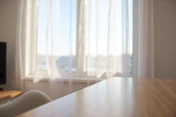Home office desk window curtains wood grain light background