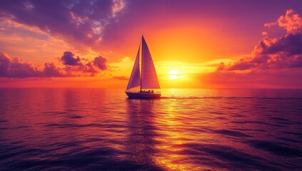 Fototapeta premium Sailboat at Sunset on a Calm Sea
