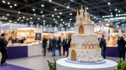 Impressive wedding cake with intricate castle and rose designs displayed prominently at a bustling fair booth filled with guests