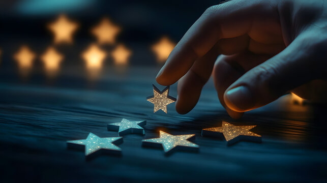 hand of businessman touching five star symbol to increase rating of company concept copy space background for your titl