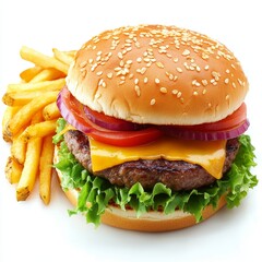 Cheeseburger and fries on white background, representing fast food, casual dining, and the food photography industry.