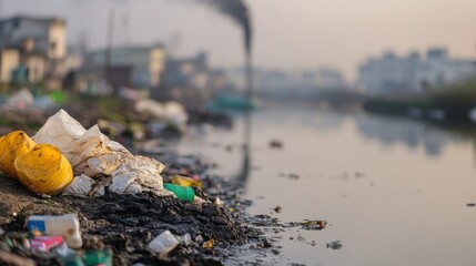 Obraz premium Visible Pollution Caused by Industrial Waste in River