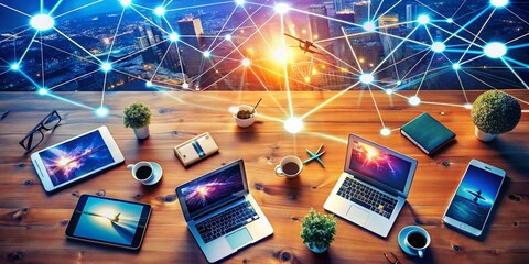 Aerial View of Modern Communication Tools and Technologies in a High-Tech Environment with Graphics Representing Connectivity and Data Sharing, Showcasing the Basics of Communication Essentials