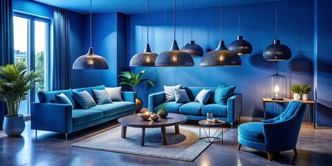 Aerial View of Modern Pendant Lamps Illuminating a Cozy Blue Room with Stylish Decor and Warm Ambiance, Perfect for Interior Design Inspiration and Home Aesthetics