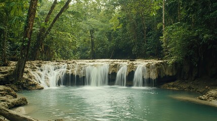 Tropical Waterfall in Lush Jungle