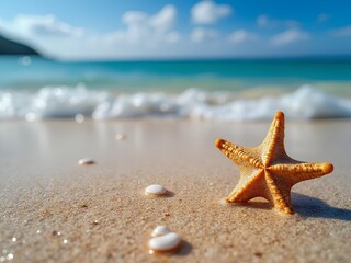 Closeup of starfish at the light brown beach sand
