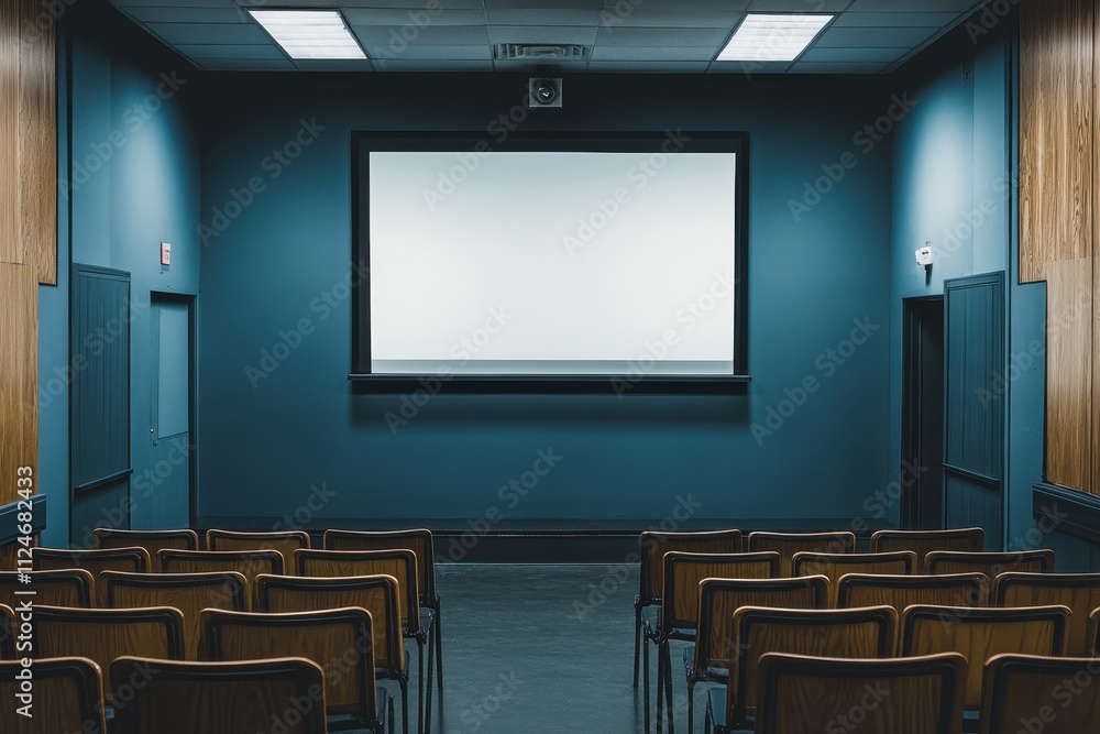 Poster meeting room with empty chairs and a projection screen in a modern setting