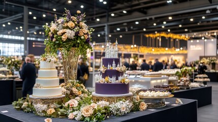 Impressive wedding cake with intricate castle and rose designs displayed prominently at a bustling fair booth filled with guests