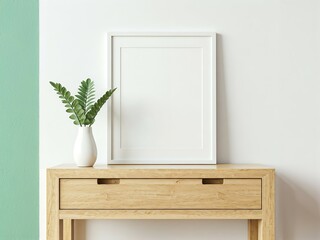 A wooden console table with a plant in a white vase and a blank white-framed picture.