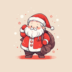 Cute Santa Illustration with Sack and Christmas Stars. Cute Santa Vector.