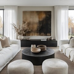 Wicker and fabric pouf near white corner sofa. Minimalist interior design of modern living room.



