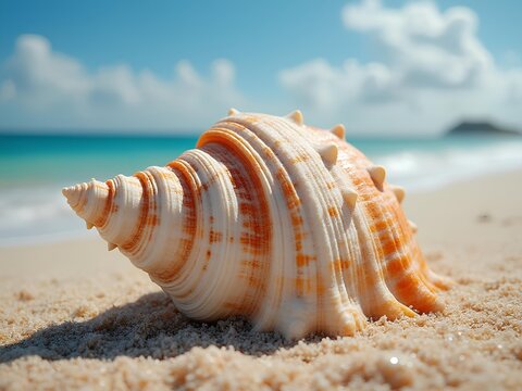Closeup of seashell at the light brown beach sand