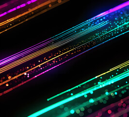 Glowing lines neon banner background Illumination lines Neon light background Feeling.Digital particles rainbow colors.light effect cold yellow red Background.generative ai