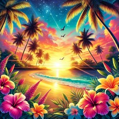 Enchanting Beachscape at Dusk with Colorful Flowers