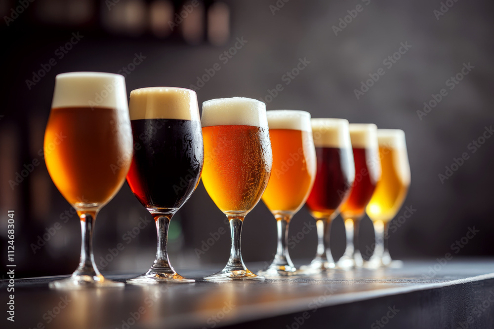 Poster glasses of various beers with frothy heads stand in a row on a bar counter. concept of beverage vari