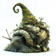 Fantasy snail sculpture with mossy shell and vines.