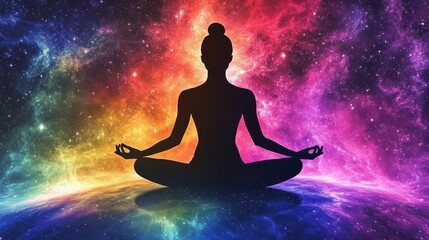 Meditating silhouette in cosmic galaxy backdrop, representing spiritual energy, mindfulness, yoga, and meditation art for wellness and holistic practices.