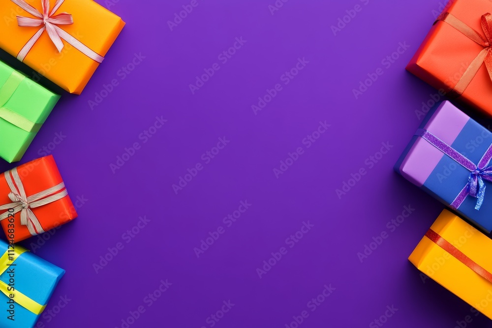 Poster purple background with a row of colorful boxes on it. the boxes are of different sizes and colors, a