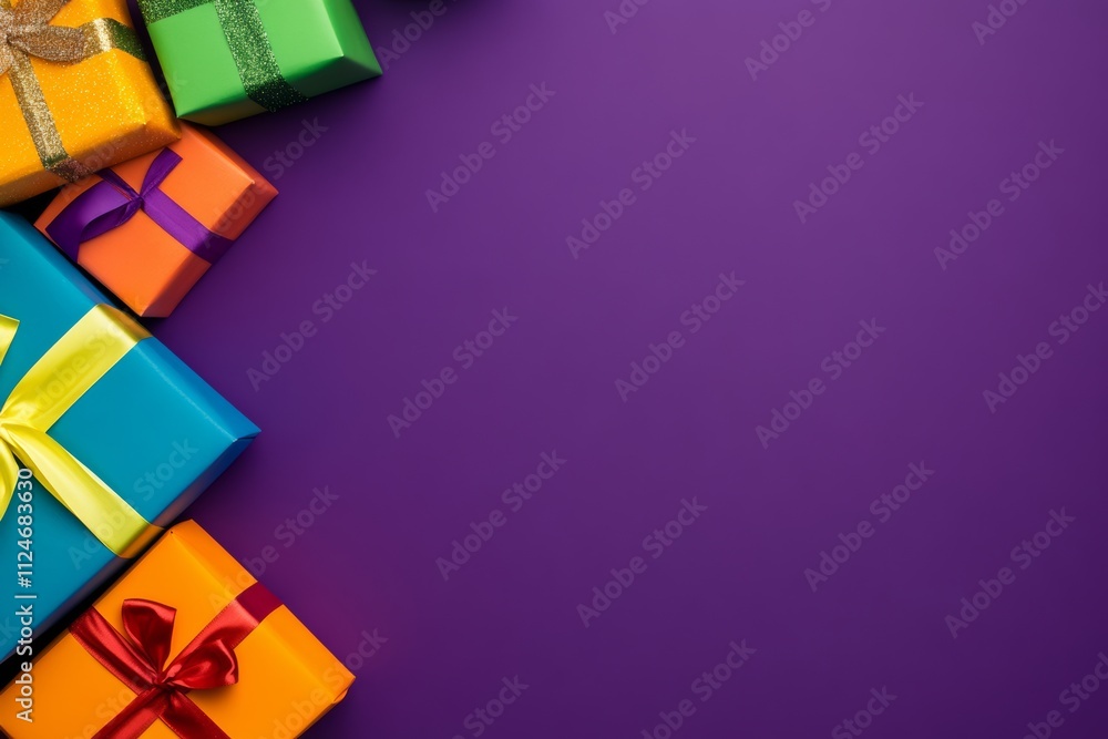 Poster purple background with a row of colorful boxes on it. the boxes are of different sizes and colors, a