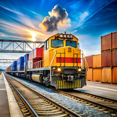 A freight train loading dock featuring cranes, containers, and workers, bustling