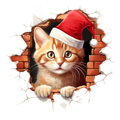 Cute Christmas kitten wearing a red Santa hat peeks through a cracked brick wall. Cartoon illustration on white background