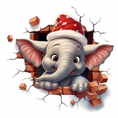 Cute elephant wearing a Santa hat peeks through a cracked brick wall in a festive holiday illustration. Christmas Watercolor illustration on white background