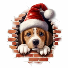 Adorable puppy in a Santa hat peeks through a cracked brick wall in a charming Christmas illustration on white background