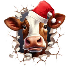 Festive cow wearing a Santa hat breaks through a cracked wall in a playful holiday illustration. Christmas Watercolor illustration on white background