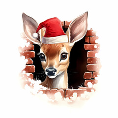 Adorable reindeer wearing a Santa hat peeks through a cracked brick wall, spreading festive holiday cheer