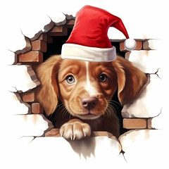 Adorable puppy in a Santa hat peeks through a cracked brick wall. Christmas Watercolor illustration on white background