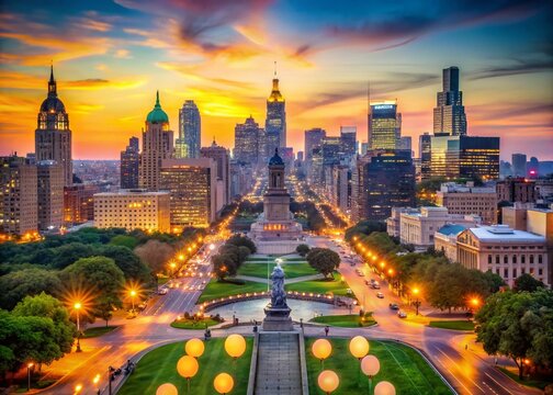 Aerial View of Philadelphia Skyline Featuring Iconic Rocky Steps at Art Museum with Stunning Bokeh Effect for a Dreamy Urban Landscape
