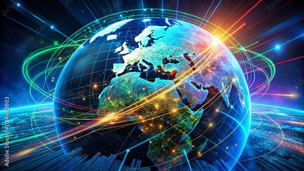 Aufkleber aerial view of pixelated earth with converging lines representing internet connectivity and globaliz